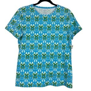 Talbots Tee Shirt Women's Medium Blue‎ Green White Ikat Print Cotton Stretch